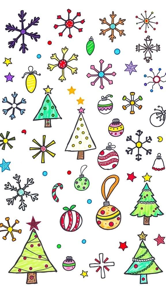 Colorful handmade Christmas doodles including snowflakes, trees, and ornaments on a white background.